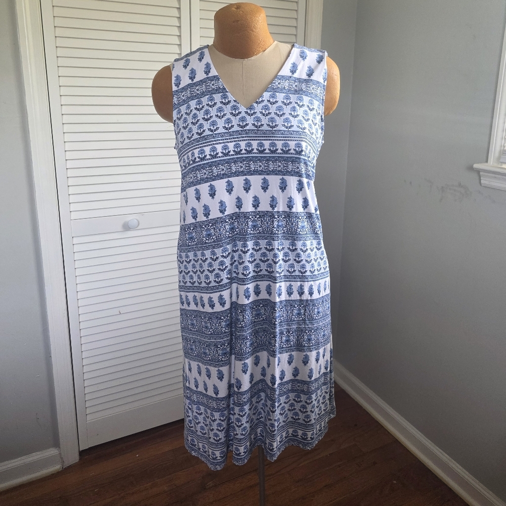 J.Jill Wearever Collection Blue White Sleeveless Maxi Midi Dress Small W Pockets